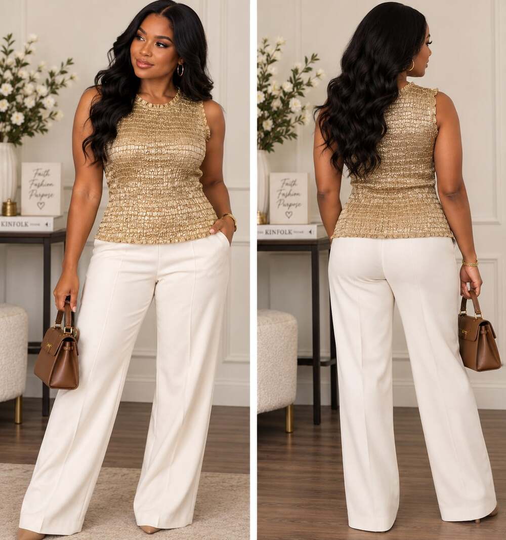 Y2K Metallic Gold Smocked Sleeveless Top Textured Going Out Rafael Medium